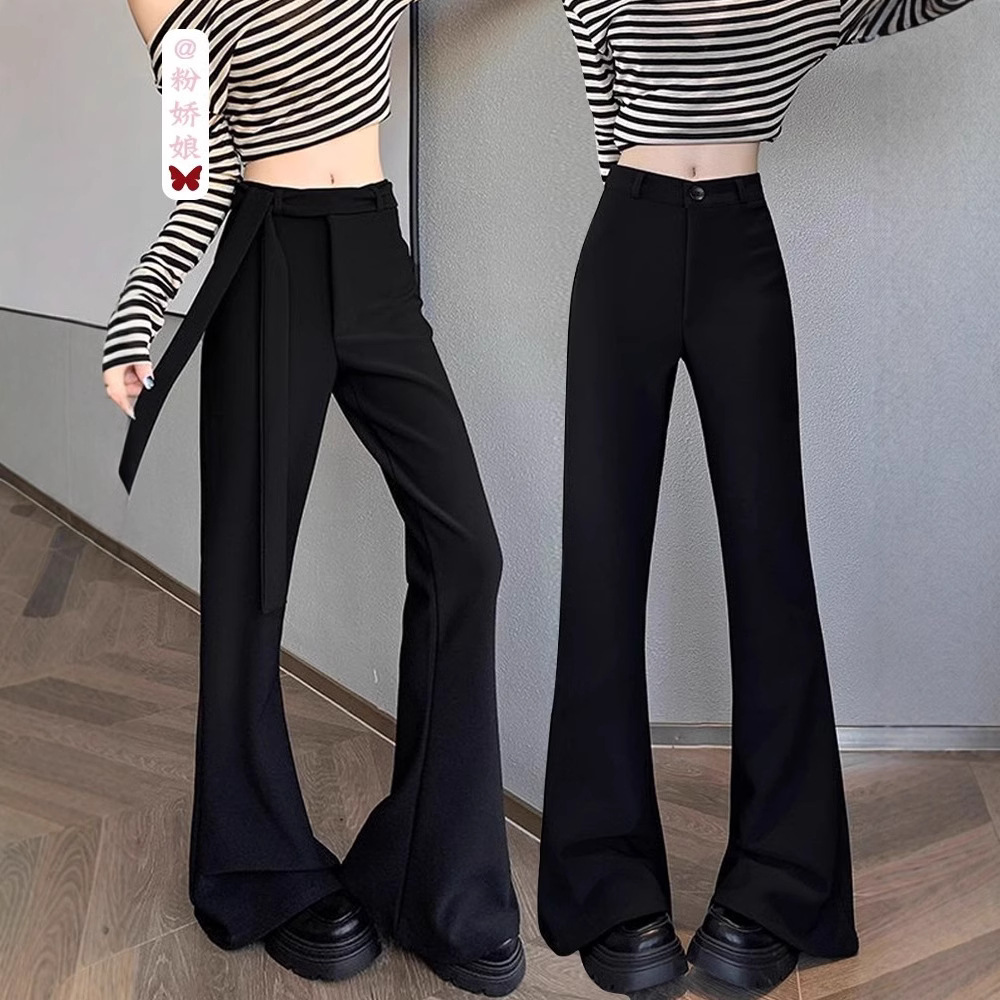 Pantalones de trajes de herradura negra primavera y verano mujeres diseño de cintura alta elástica caballo pequeño trapeador pantalones de bocina