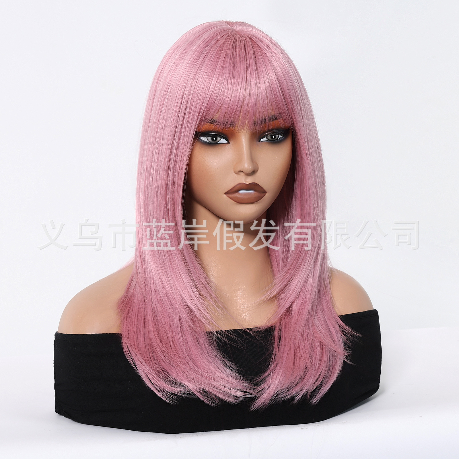 Cosplay rosa nueva peluca navideña mujer Qi flequillo de longitud media cola de cabello micro rizado conjunto completo stock de fábrica