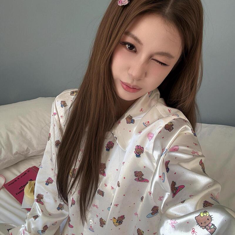 甜美少女卡通Kitty猫冰丝缎面睡衣女款夏季大码长袖长裤家居服ins|undefined