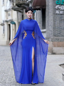 Women blue Chinese dress Oriental Retro Qipao Cheongsam model show miss etiquette dress Chinese wind stage costumes cheongsam elegant 
