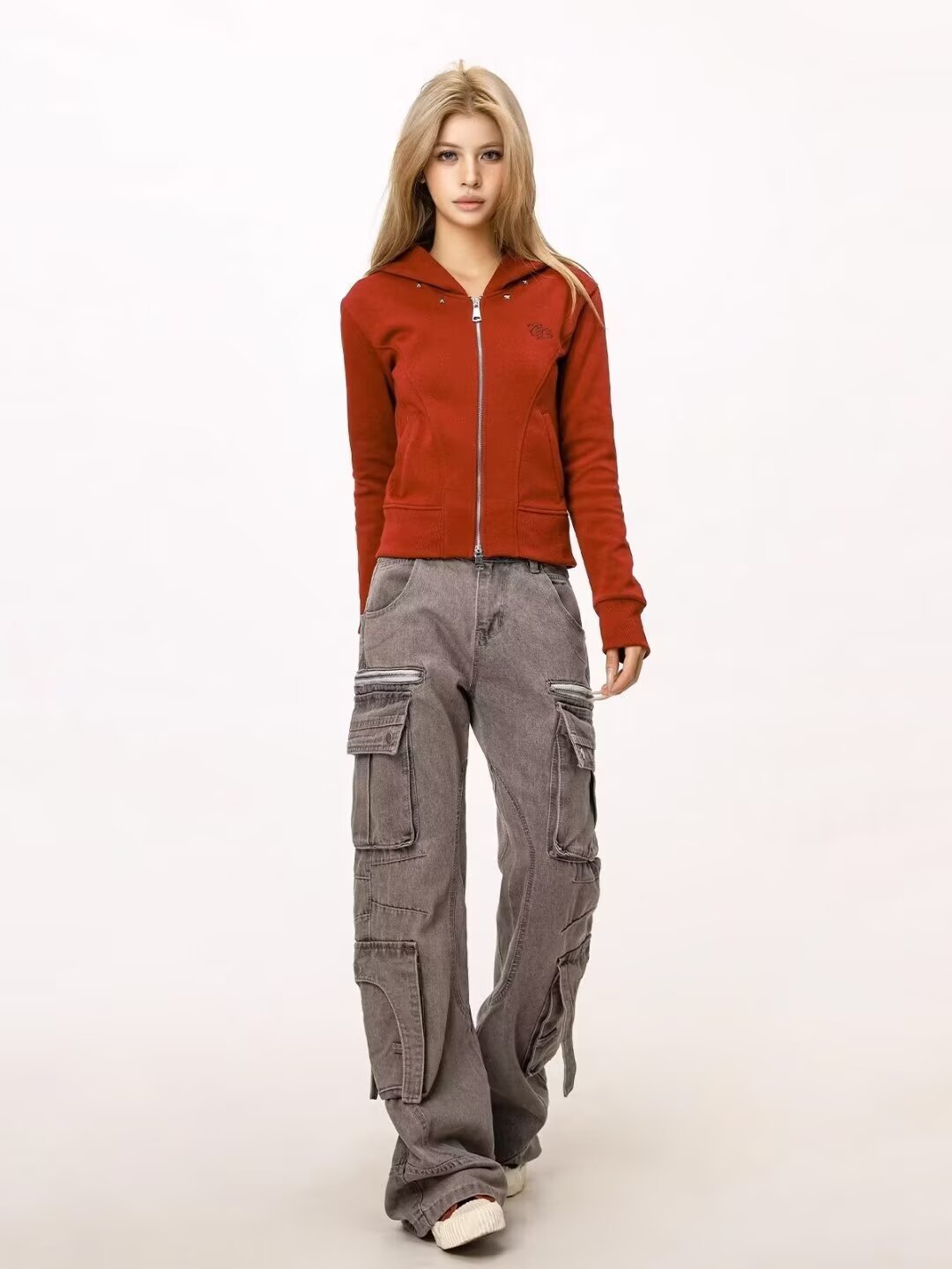 Herrenbekleidung High Street Streetwear Heavy Duty Cargo Jeans mit mehreren Taschen und Reißverschlussdesign – Stylische lässige Arbeitshose in Grau (Größen M-3XL)_voghion.com
