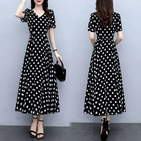 Polka Dot Long Dress Summer 2026 New Fashion Stylish Waist-Cinching Slimming Elegant Over-The-Knee Midi Dress Wholesale