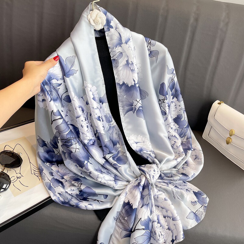 Spring and summer new silk scarf gift silk imitation silk Women's European and American printed imitation silk beach towel shawl scarf
