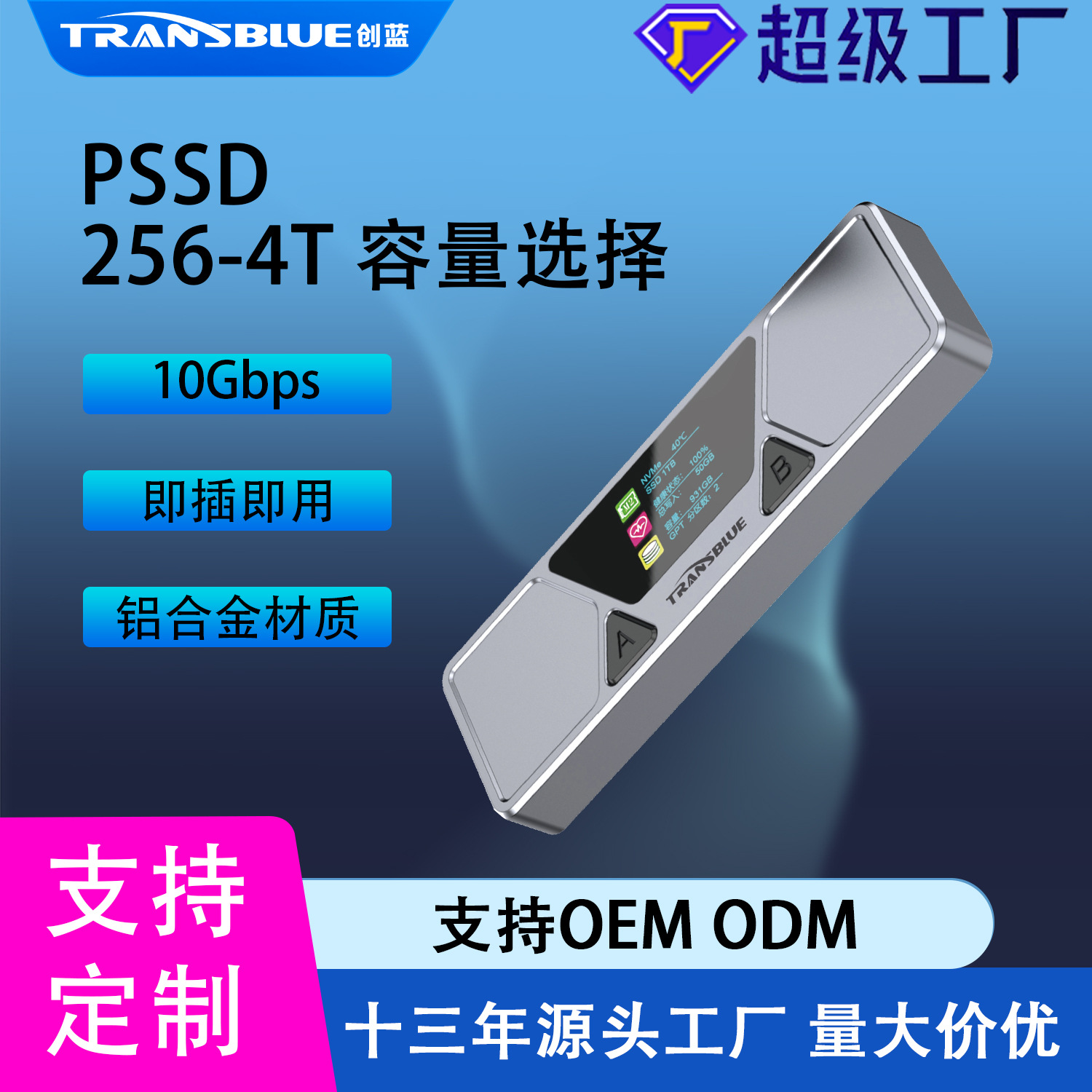 Cross-Border Popular Model Supports Oem Customized Screen Display Integrated Intelligent Visual M.2Pssd2T Three-Proof Mobile Solid State Drive