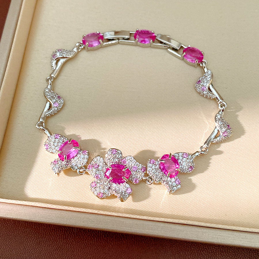 Agujas de plata, pulseras de flores rosadas, anillos, pendientes, pernos de lujo ligero, alta sensación, temperamento dulce, conjunto de joyas