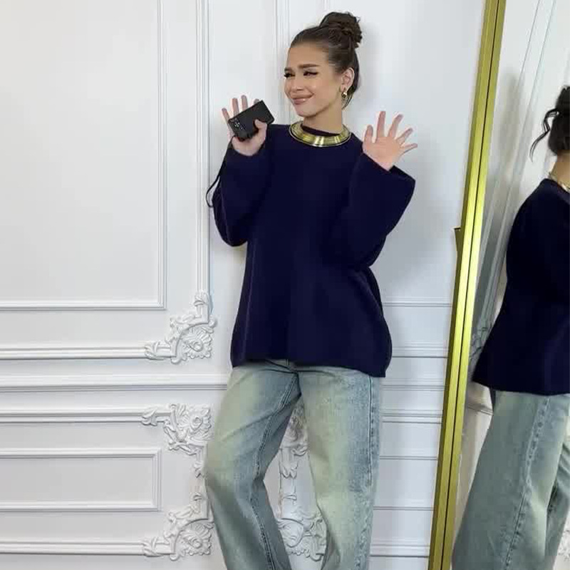 2024 otoño nuevo estilo europeo y americano Amazon transfronterizo explosión de ropa de mujer de color sólido perezoso viento suéter delgado versátil