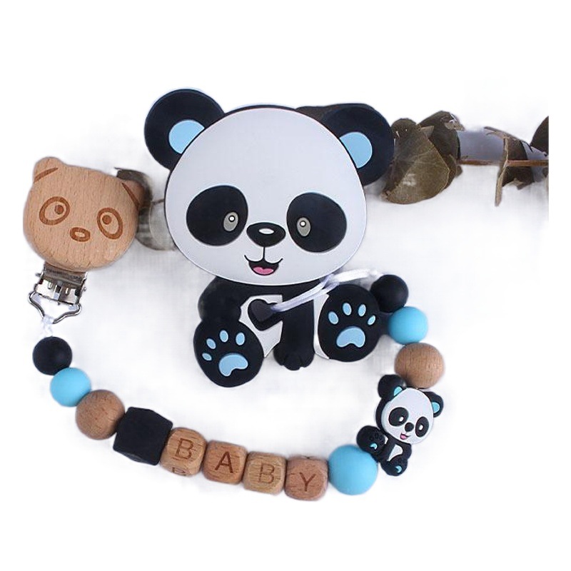 Nombre del bebé personalizable silicona pequeño Panda teether Cadena de chupete Bebé haya chupete clip de juguete de dibujos animados mordedor
