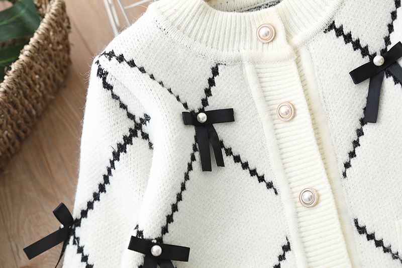 Xiaoxiangfeng Mädchenpullover, zweiteiliges Strickset für Kinder, neues Damen-Strickjackenset mit Schatzschleife_voghion.com