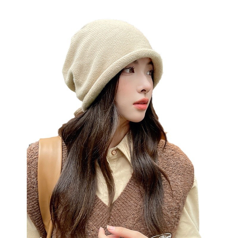 Dámská plyšová čepice, všestranná s rolovanými okraji na podzim a zimu, odolná vůči teplu i chladu, široký kryt hlavy, pletené uši_voghion.com