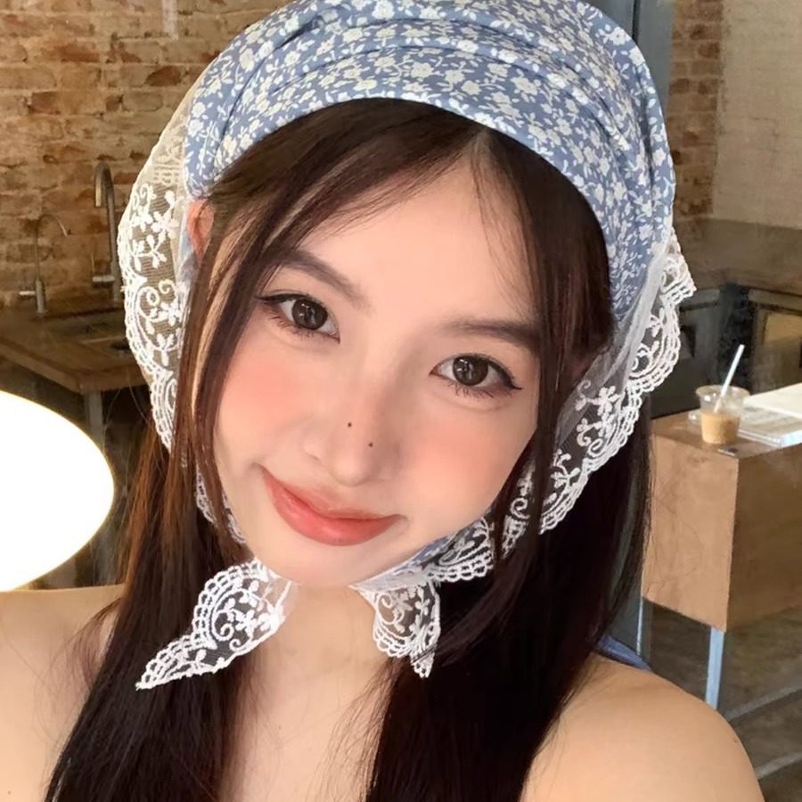 法式田園碎花甜美綁發頭巾蕾絲拼接復古裝飾三角巾飄帶絲巾女髮帶