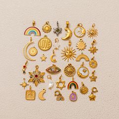 跨境热卖简约不锈钢太阳星星月亮彩虹八芒星圆形方形DIY保色吊坠