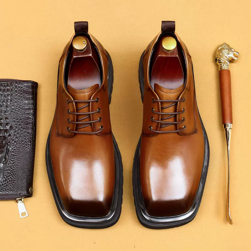 【vip专供】大头皮鞋男真皮正装商务男鞋方头厚底英伦增高德比鞋