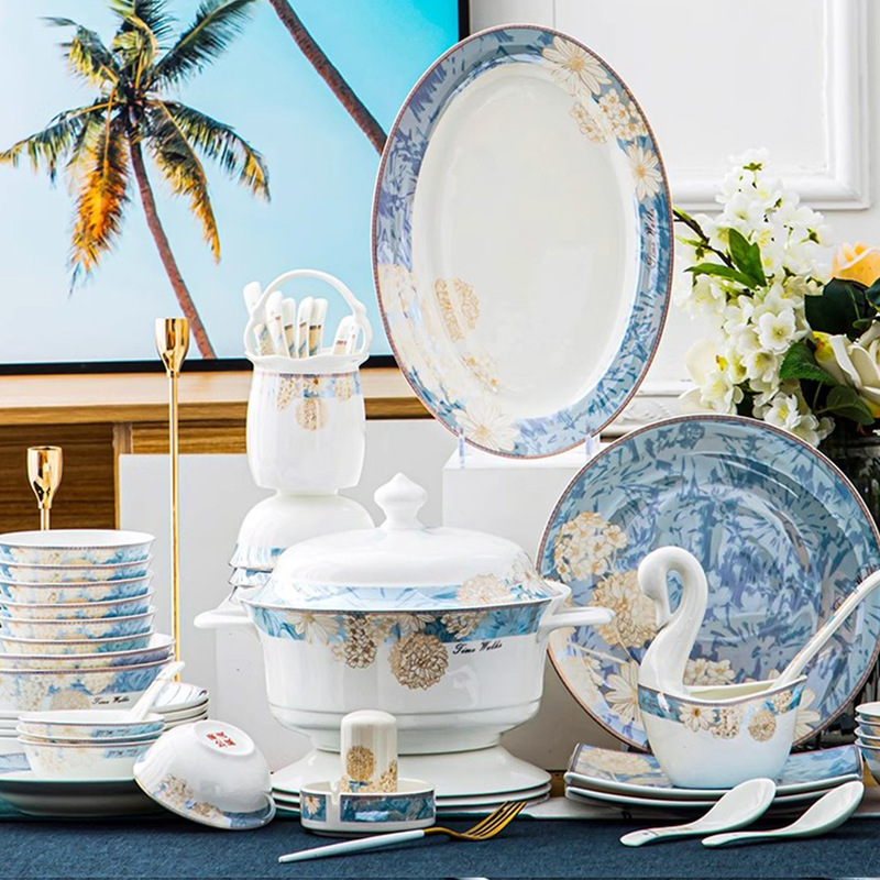 Jingdezhen Bone China Dinnerware Set Gift Box Blue and Gold Floral Light Luxury Style Housewarming Opening Gift Bowl and Plate Set