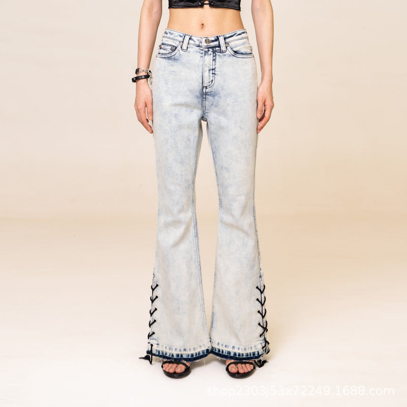 Smfk Wilderness Rock Mermaid Jeans Yu Wenwen's Same Style Adjustable Drawstring Raw Edge Flared Pants