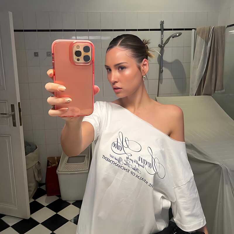 Foreign Trade 2025 New Summer Women's Clothing American Street Fashion Letter Print Slanted Shoulder Short-Sleeved Loose T-Shirt Top Foreign Trade 2025 New Summer Women's Clothing American Street Fashion Letter Print Slanted Shoulder Short-Sleeved Loose T-Shirt Top