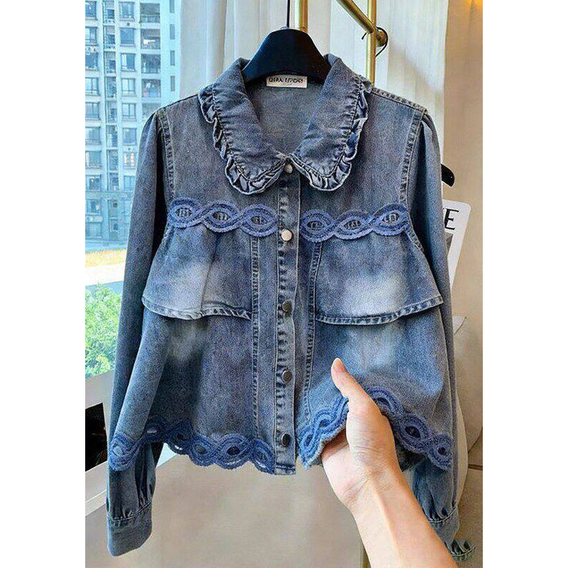 Korean-Style Sweet Girly Style Lapel Lace 2026 Spring and Summer Denim Shirt Women's Slimming Lace Decorative Jacket Korean-Style Sweet Girly Style Lapel Lace 2026 Spring and Summer Denim Shirt Women's Slimming Lace Decorative Jacket