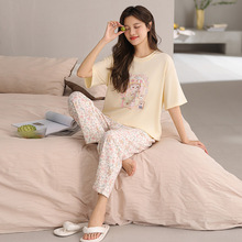 短袖九分裤2025夏季新款女士睡衣纯棉家居服圆领学生休闲薄款套装