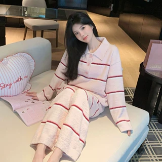 ins条纹软糯加绒冬天睡衣女款2026新款加厚可外穿家居服半边绒