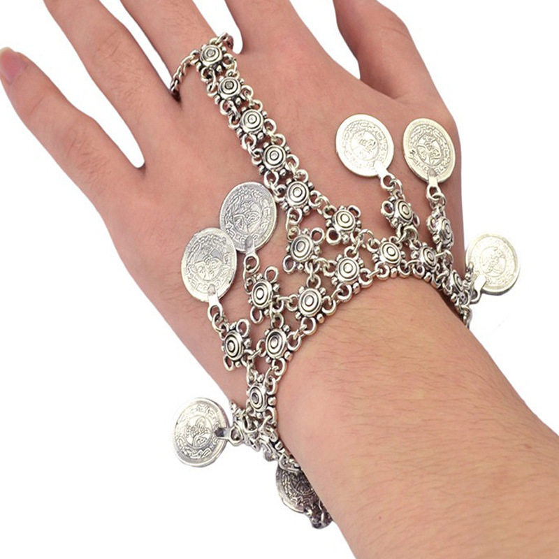 European and American Cross-Border Fashion Bracelet with Exotic Ethnic Style, Vintage Metal, Handmade Coin Patchwork, Women's Finger-Link Bracelet