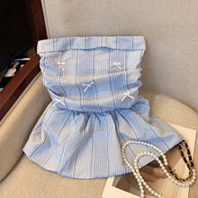 实拍 韩系小清晰甜美复古格纹设计感显瘦时尚百搭减龄露肩抹胸女