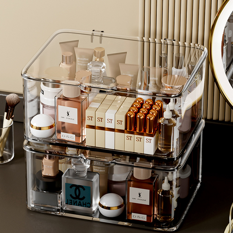 PET透明收纳盒带盖防尘杂物收纳筐置物架梳妆台护肤品收纳盒现货