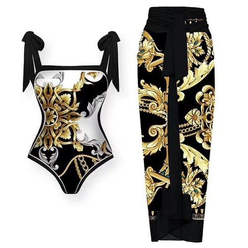 Langei Western and European Printed Double Fabric Beach Hot Spring Swimsuit Set for Women French Retro One-piece Bikini
