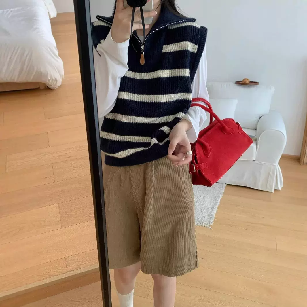 韩系宽松气质条纹翻领半拉链套头针织马甲女外搭叠穿毛衣背心坎肩