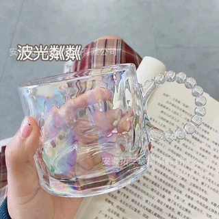 玻璃杯小众ins大耳朵圆环带把玻璃水杯极光镭射啤酒杯家用咖啡杯