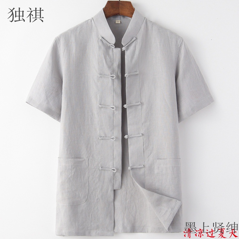 Summer thin pure linen Chinese style Tang suit men's middle-aged and elderly short-sleeved top, half-sleeved lay Buddhist dress, father's outfit