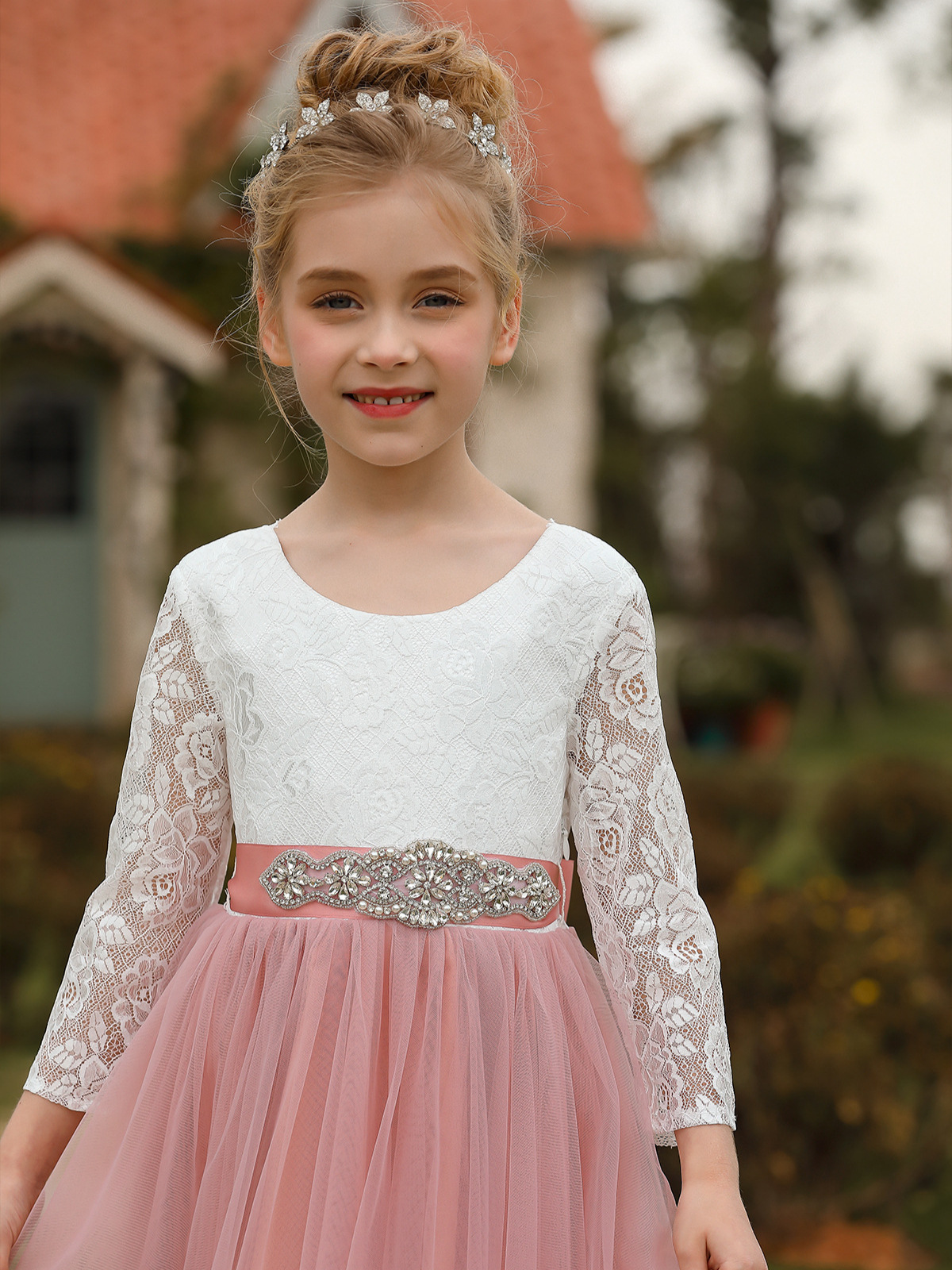 Nuevo vestido infantil europeo y americano, vestido de niña de las flores para bodas, vestido de encaje de manga larga para niñas, vestido de princesa para cumpleaños.