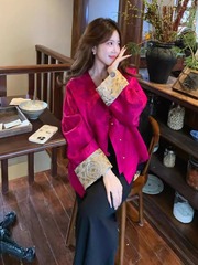 新中式国风玫红色外套女秋季大码胖气质高级感好看盘扣开衫上衣