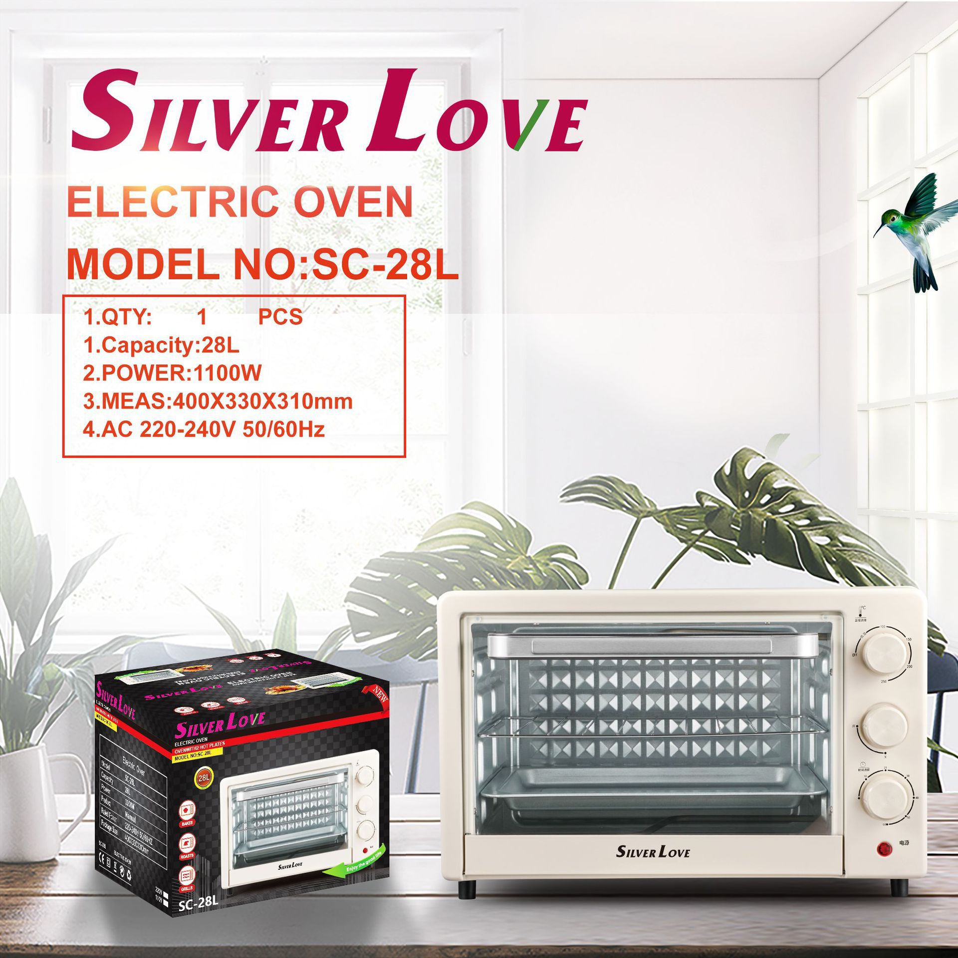 Exportación de comercio exterior 28L alta capacidad 1100W horno eléctrico doméstico multifuncional de alta potencia horno horneado doble