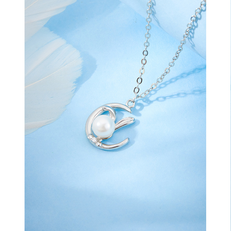 S925 plata esterlina perla Luna conejo collar femenino nicho diseño nuevo zodiaco conejo colgante cadena clavícula