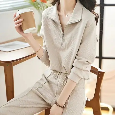 Casual Sportswear Two-Piece Set for Women 2025 Autumn and Winter New Style Simple Lapel Sweatshirt Elastic Waist Pants Women's Suit