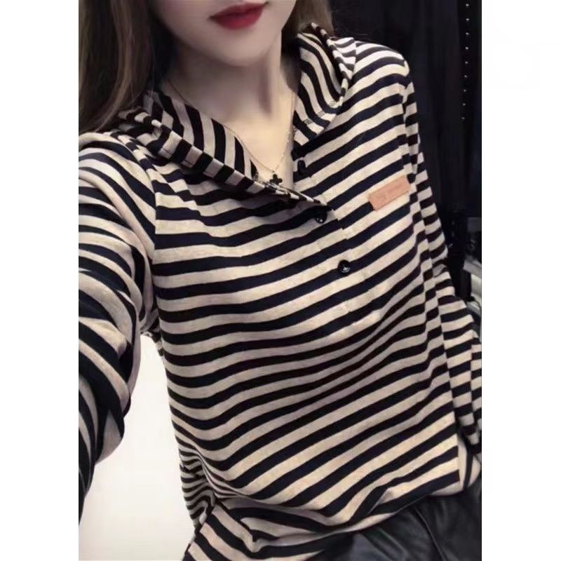 2025 New Spring and Autumn Long Sleeve Hooded T-shirt Women's Short Casual All-match Striped T-shirt Top Base Shirt Jacket