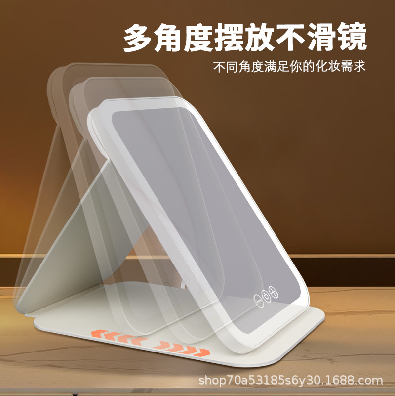 Espejo de maquillaje portátil LED plegable, con luz, ideal para escritorio, oficina y retoque diario.