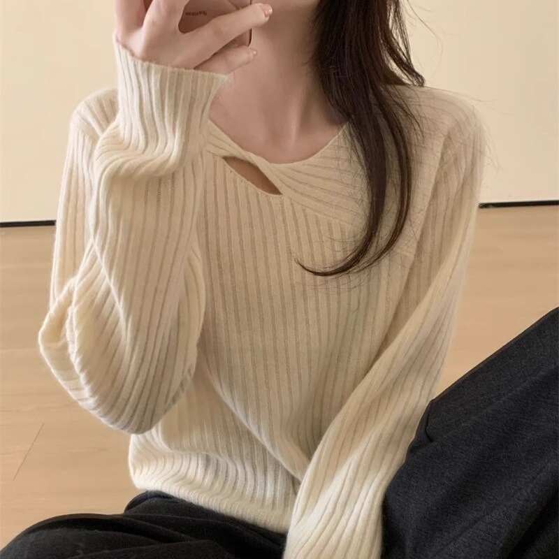 Autumn and Winter New Pure Wool Sweater Women's Cross Irregular Knitted Sweater Korean Style Loose Hanging Neck Pit Cashmere Base Shirt