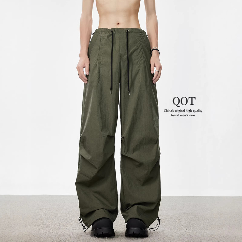 American Retro Military Green Paratrooper Work Pants for Men, Summer Trendy Brand Loose Quick-Dry Wide-Leg Pants, Casual Cargo Pants