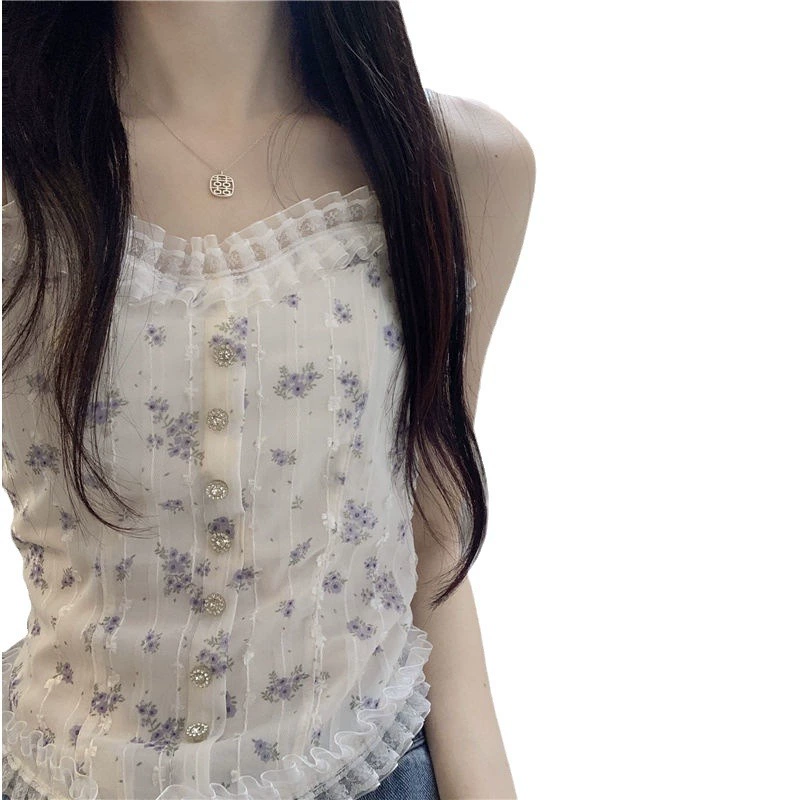 Women's Floral Lace Tank Top with Cups, Breathable French-Style, Beautiful Back