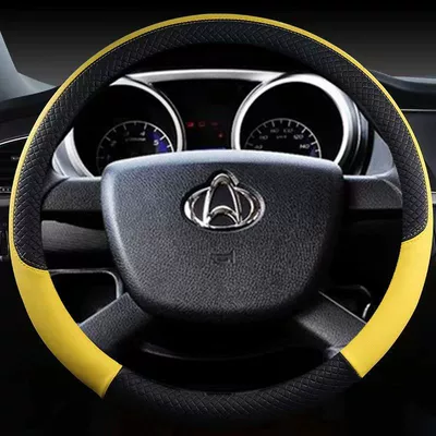 Steering wheel cover, New leather steering wheel cover - embossed-black-and-yellow-round-38cm