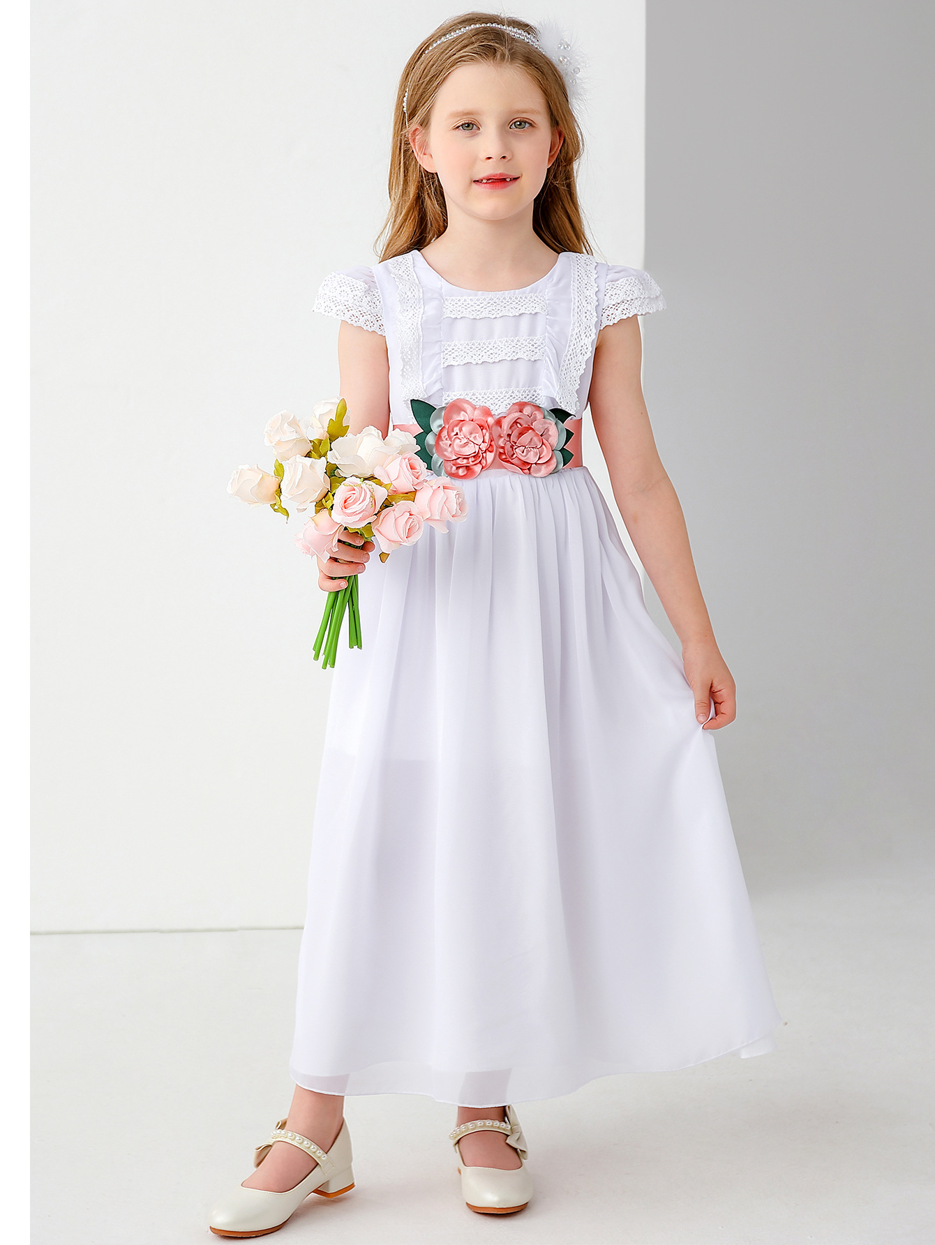 Vestido de novia para niños comercio exterior transfronterizo europeo y americano niña de las flores lazo encaje niña espectáculo princesa vestido vestido largo