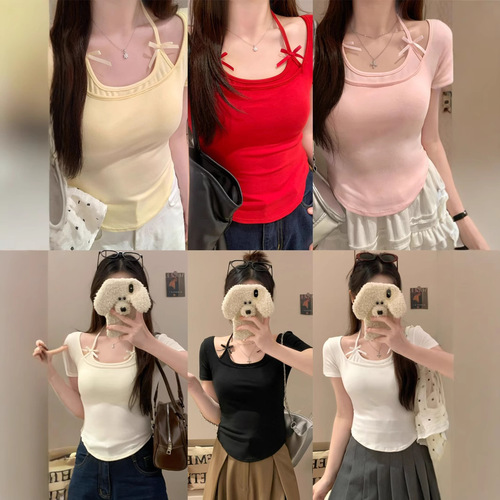 5095# Summer new style bow fake two-piece halter neck tie short sleeve T-shirt for women sweet hot girls slim curved short style