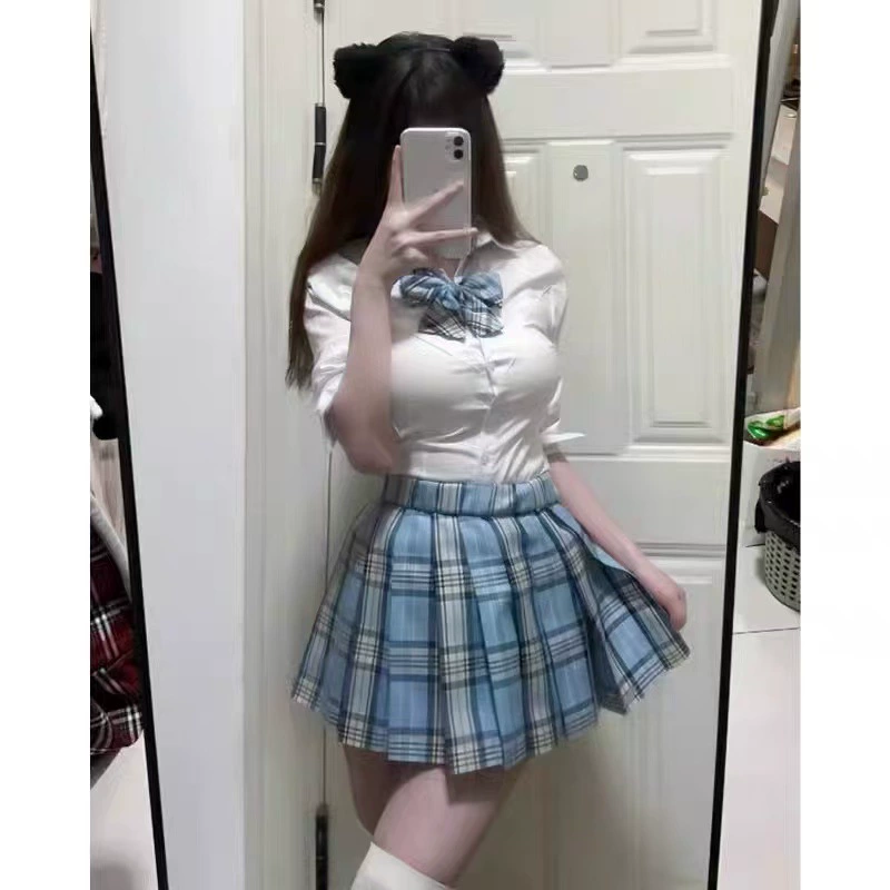 Юбка в клетку в стиле JK [Lingquan], женская плиссированная юбка в стиле преппи, короткая юбка, светло-голубая, летняя, универсальная, для студентов, в стиле кампус.