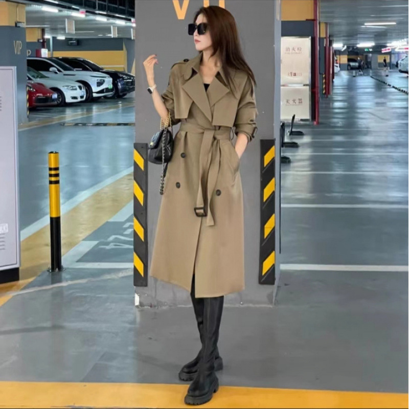 上新高档过膝风衣女装春秋气质设计英伦双排扣中长款宽松外套|undefined