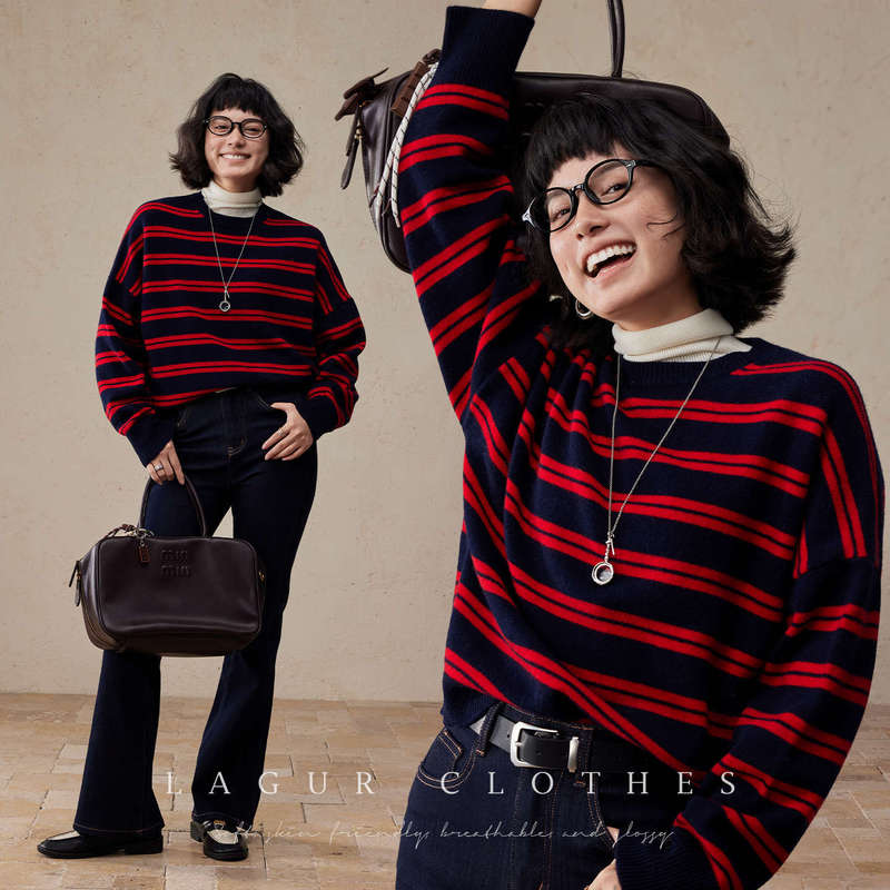 Lagur [400g Thick Style] British Red and Black Pure Wool Stripesd Loose Knitwear Knitwear Women's Top Warm