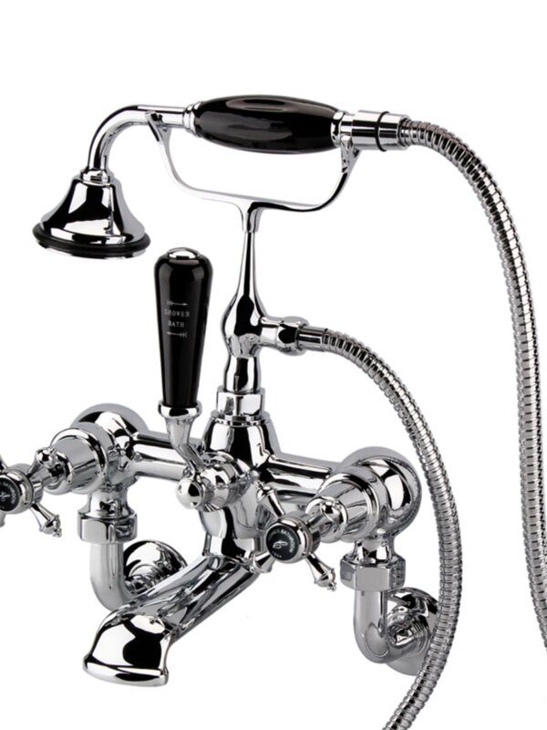 Butterfly Ceramic Double Hole Wall-Mounted British Style Bathtub Shower Faucet with Dual Showerheads and Three Black Handles, Export Model Butterfly Ceramic Double Hole Wall-Mounted British Style Bathtub Shower Faucet with Dual Showerheads and Three Black Handles, Export Model