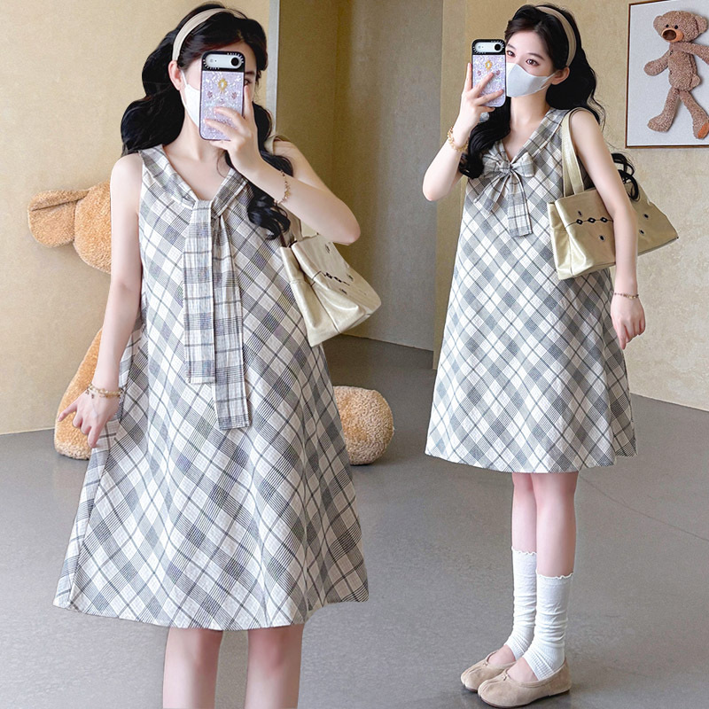 Mid-Length Vest Dress for Pregnant Women, Korean Style Navy Collar Dress, Retro Plaid Elegant Suspender Dress for Summer Mid-Length Vest Dress for Pregnant Women, Korean Style Navy Collar Dress, Retro Plaid Elegant Suspender Dress for Summer