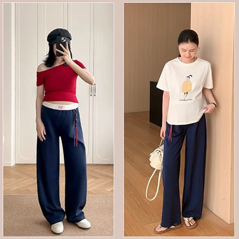孕妇裤夏季外穿薄款美式复古运动卫裤不勒肚子宽松直筒休闲阔腿裤|undefined