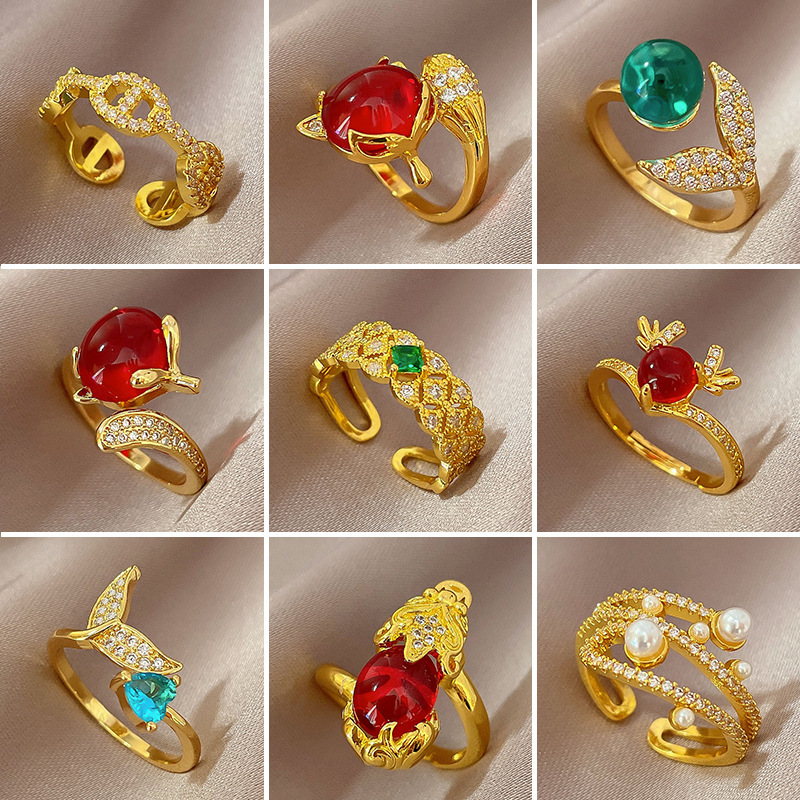 Vacuum Plating Gold Plating Process Artificial Pearls, Rhinestones Inlay Material Retro Triangle Flower Fish Tail Brass Inlay Artificial Pearls Rhinestones Open Ring