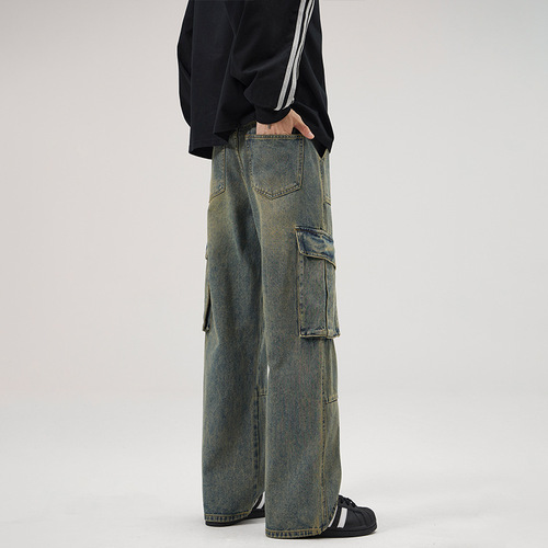 Men's #American High Street Retro Multi-Pocket Patchwork Work Pants Distressed Straight Leg Loose Jeans for Men and Women